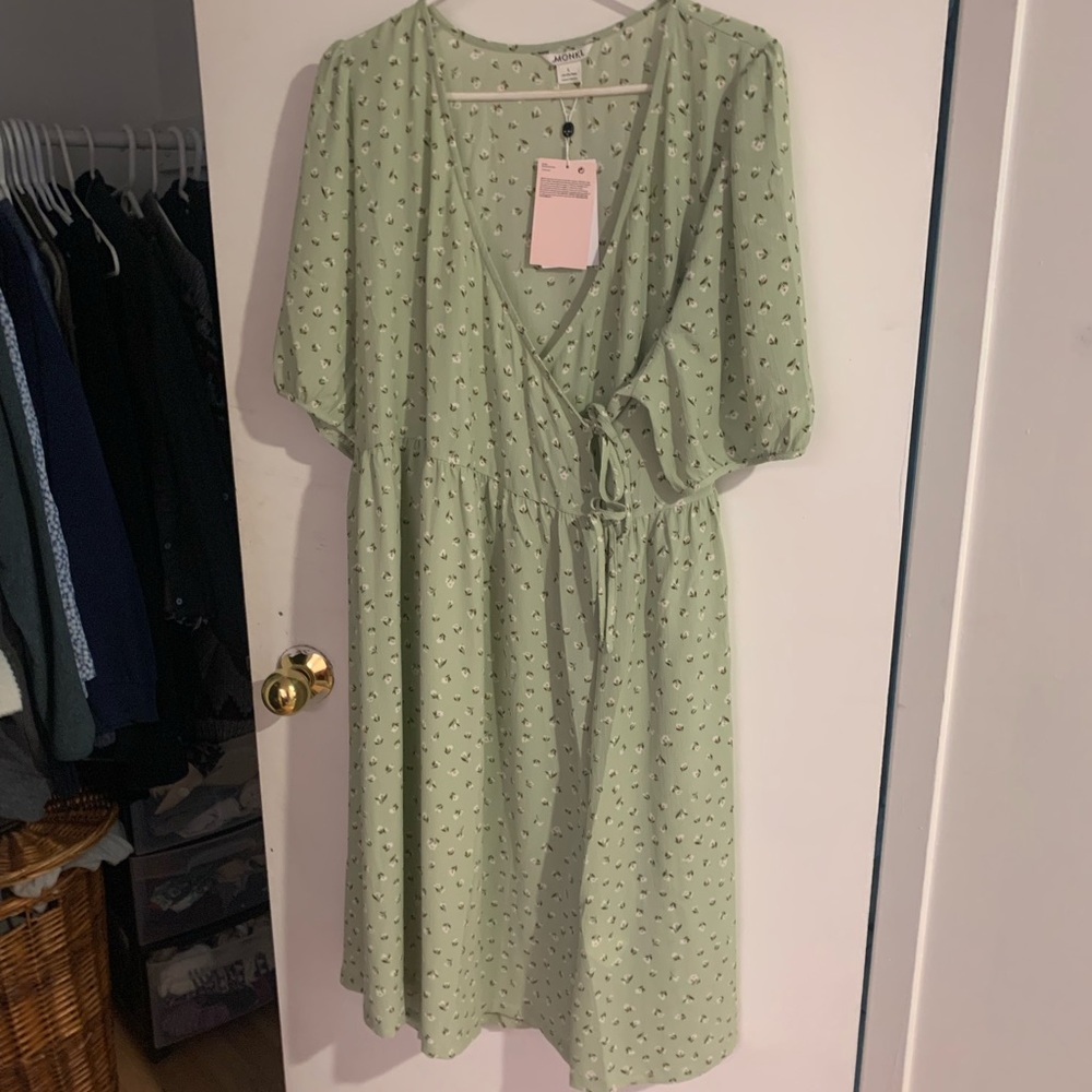 ASOS Monki Yoana Midi Wrap Dress in green floral